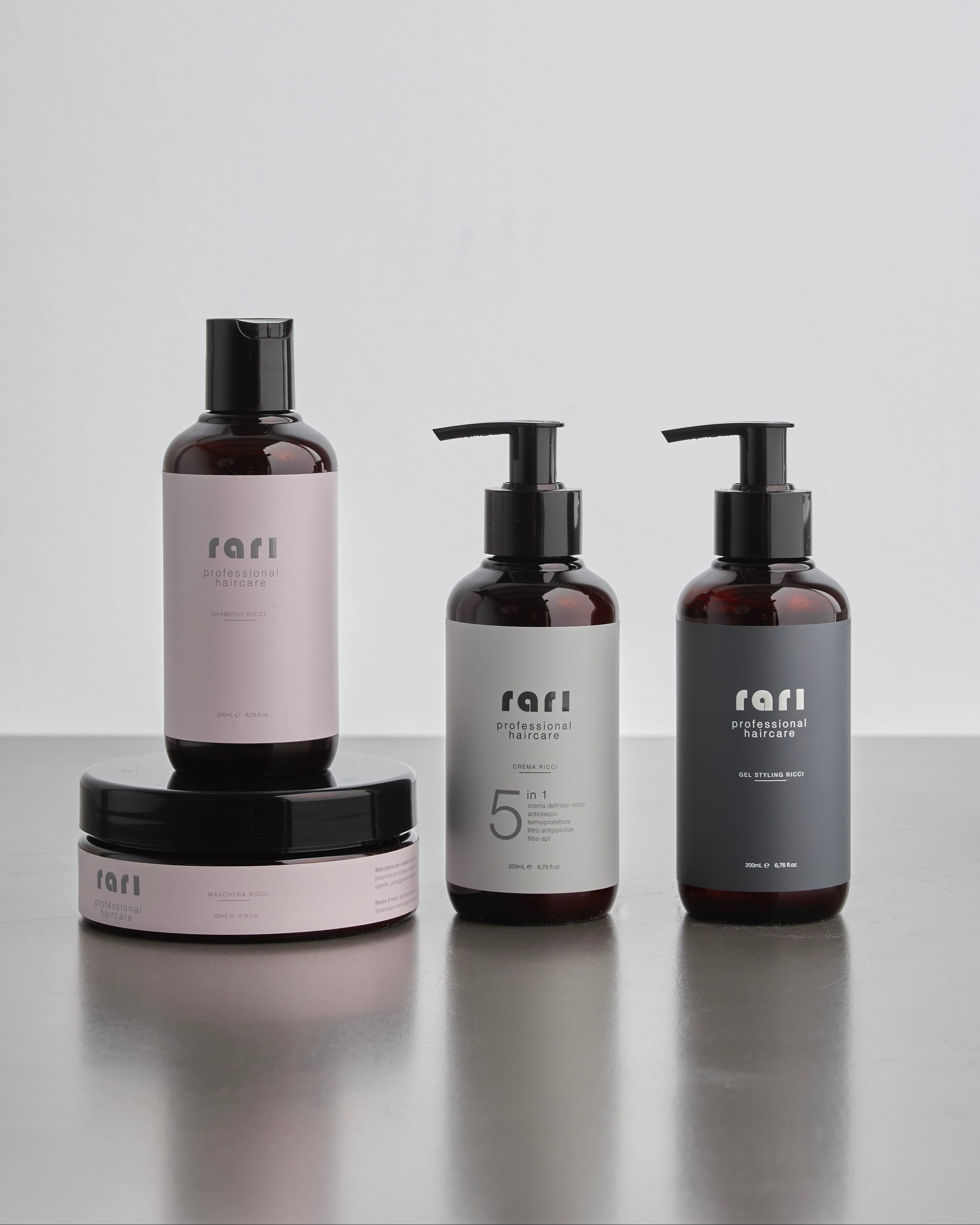 MEGA BOX shampoo, maschera, crema ricci 5 in 1 e gel styling RARI PROFESSIONAL HAIRCARE